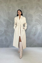Cream Notch Lapel Belt Closure Winter Coat