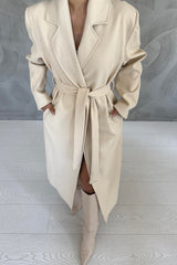 Cream Notch Lapel Belt Closure Winter Coat