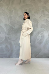 Cream Notch Lapel Belt Closure Winter Coat