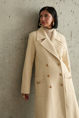 Cream Wide Peak Lapel Double Brested Closure Winter Coat