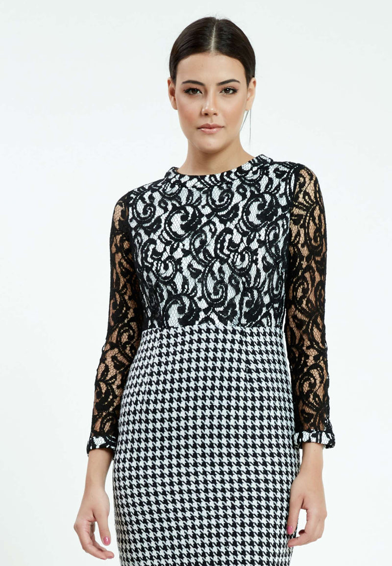 Black/ White Sheer Paisley Pattern Top Fitted Dress