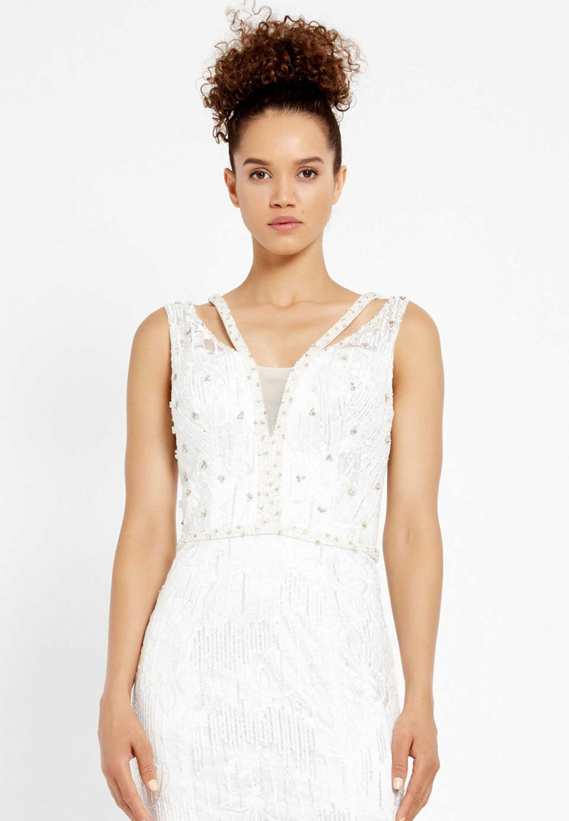 White Sleeveless Floral Slit Dress