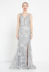 Silver Sleeveless Floral Slit Dress