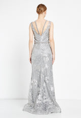 Silver Sleeveless Floral Slit Dress