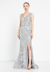 Silver Sleeveless Floral Slit Dress