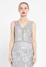 Silver Sleeveless Floral Slit Dress