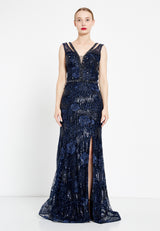 Navy Blue Sleeveless Floral Slit Dress