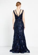 Navy Blue Sleeveless Floral Slit Dress