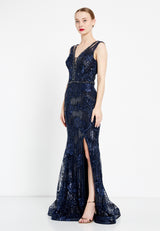 Navy Blue Sleeveless Floral Slit Dress