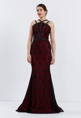 Red/Black Sleeveless Floral Design Fitted Dress