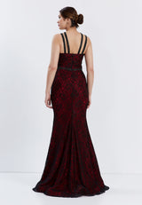 Red/Black Sleeveless Floral Design Fitted Dress
