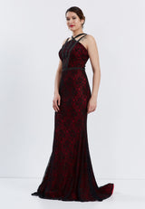 Red/Black Sleeveless Floral Design Fitted Dress