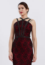 Red/Black Sleeveless Floral Design Fitted Dress