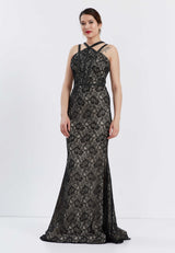 Black/Grey Sleeveless Floral Design Fitted Dress