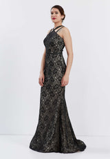 Black/Grey Sleeveless Floral Design Fitted Dress