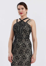 Black/Grey Sleeveless Floral Design Fitted Dress