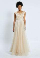 Cream Floral Neck Line Sleeveless Flowy Dress