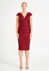 Red Quarter Sleeve Sequence Pinstripe Fitted Dress