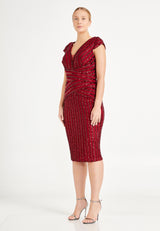 Red Quarter Sleeve Sequence Pinstripe Fitted Dress