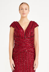 Red Quarter Sleeve Sequence Pinstripe Fitted Dress