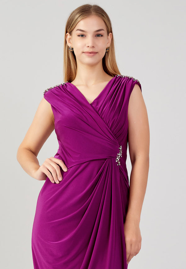 Purple Cross Body Closure Diamond Pattern Dress