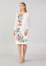White Sheer Sleeve Floral Fitted Dress