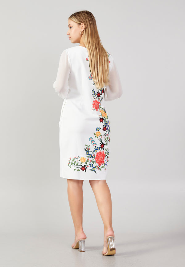 White Sheer Sleeve Floral Fitted Dress