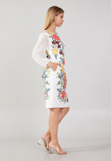 White Sheer Sleeve Floral Fitted Dress