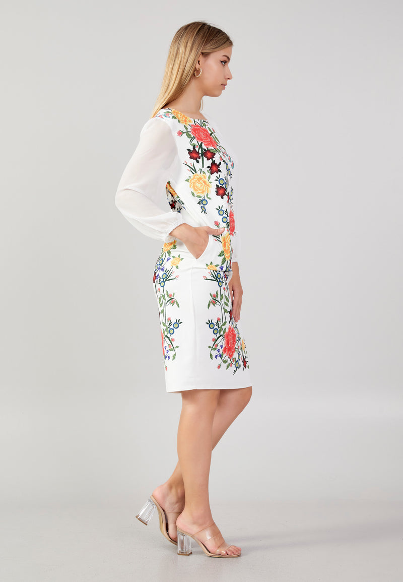 White Sheer Sleeve Floral Fitted Dress