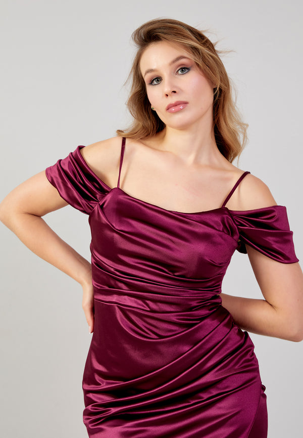 Satin Bordeaux Peplum Style Fitted Dress