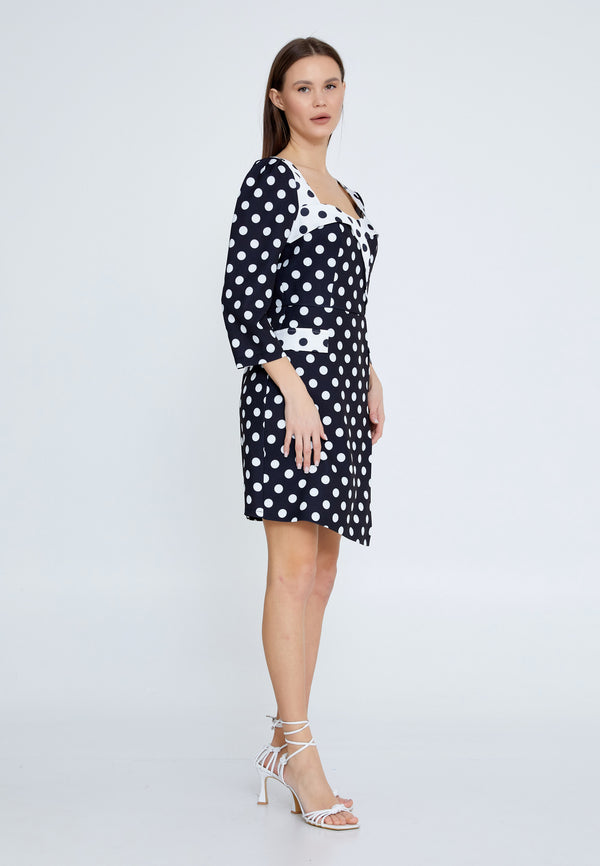 Black and White Polka Dot 3/4 Sleeve Fitted Dress