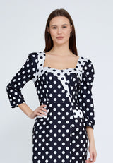 Black and White Polka Dot 3/4 Sleeve Fitted Dress