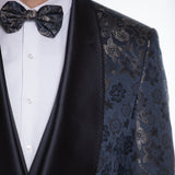 Navy Blue Floral Patterned/ Textured Avanti Milano Shawl Lapel Four Piece Tuxedo