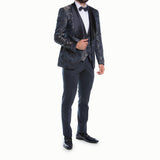 Navy Blue Floral Patterned/ Textured Avanti Milano Shawl Lapel Four Piece Tuxedo