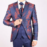 Navy Blue Avanti Milano Orange Floral Patterned Three Piece Tuxedo