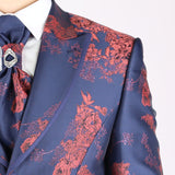 Navy Blue Avanti Milano Orange Floral Patterned Three Piece Tuxedo
