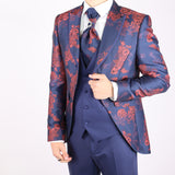 Navy Blue Avanti Milano Orange Floral Patterned Three Piece Tuxedo
