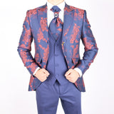 Navy Blue Avanti Milano Orange Floral Patterned Three Piece Tuxedo