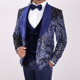 Navy Blue Avanti Milano Silver Sequence Velvet Three Piece Tuxedo