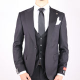 Black Avanti Milano Peak Lapel Low Cut Vest Three Piece Suit