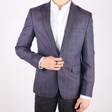 Navy Blue/ Red Avanti Milano Window Pane Patterned Notched Imprint Lapel Jacket