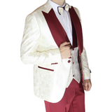White/Ruby Red Avanti Milano Floral Patterned Shinning Three Piece Tuxedo