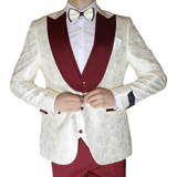 White/Ruby Red Avanti Milano Floral Patterned Shinning Three Piece Tuxedo