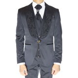 Black Avanti Milano Floral Patterned Vest/Shawl Three Piece Tuxedo