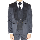 Black Avanti Milano Floral Patterned Vest/Shawl Three Piece Tuxedo