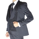 Black Avanti Milano Floral Patterned Vest/Shawl Three Piece Tuxedo
