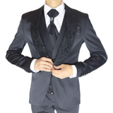 Black Avanti Milano Floral Patterned Vest/Shawl Three Piece Tuxedo
