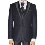 Black/ Gold Avanti Milano Peak Dotted Lapel Gold Dotted Vest Three Piece Tuxedo