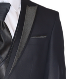 Black/ Gold Avanti Milano Peak Dotted Lapel Gold Dotted Vest Three Piece Tuxedo