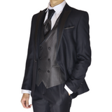 Black/ Gold Avanti Milano Peak Dotted Lapel Gold Dotted Vest Three Piece Tuxedo